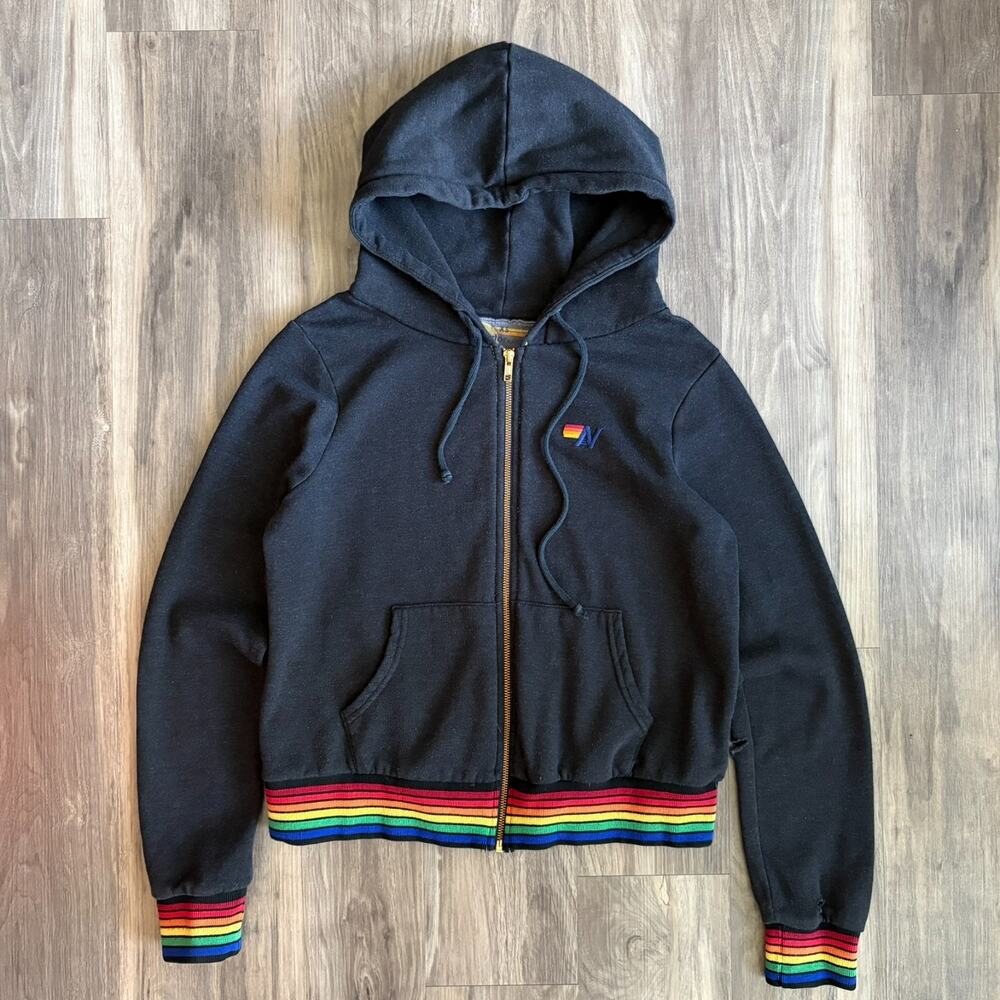 Aviator Nation Rainbow Cuff Black Gray Zip Up Hoodie Women's Size XS